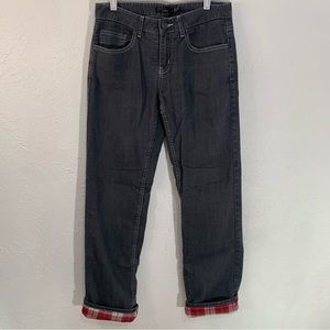 EUC PRANA Lined Pants Jeans Size 4 Gray with Red Plaid Lining Boyfriend Fit